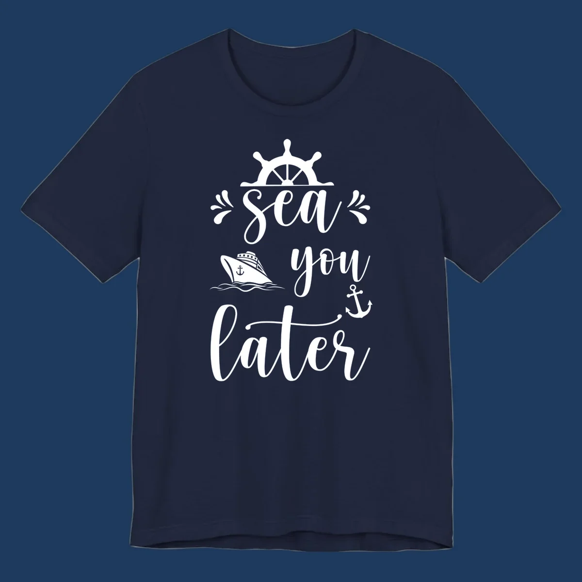 Sea you on the water nautical design with ship's wheel, cruise ship, anchor, and decorative flourishes on gray background
