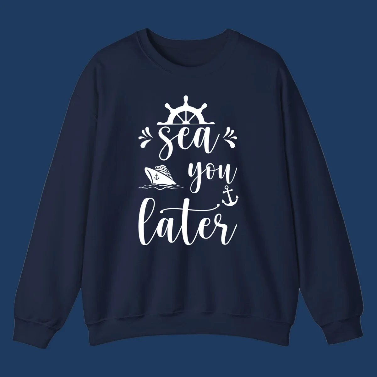 Sea you on the water nautical design with ship's wheel, cruise ship, anchor, and decorative flourishes on gray background