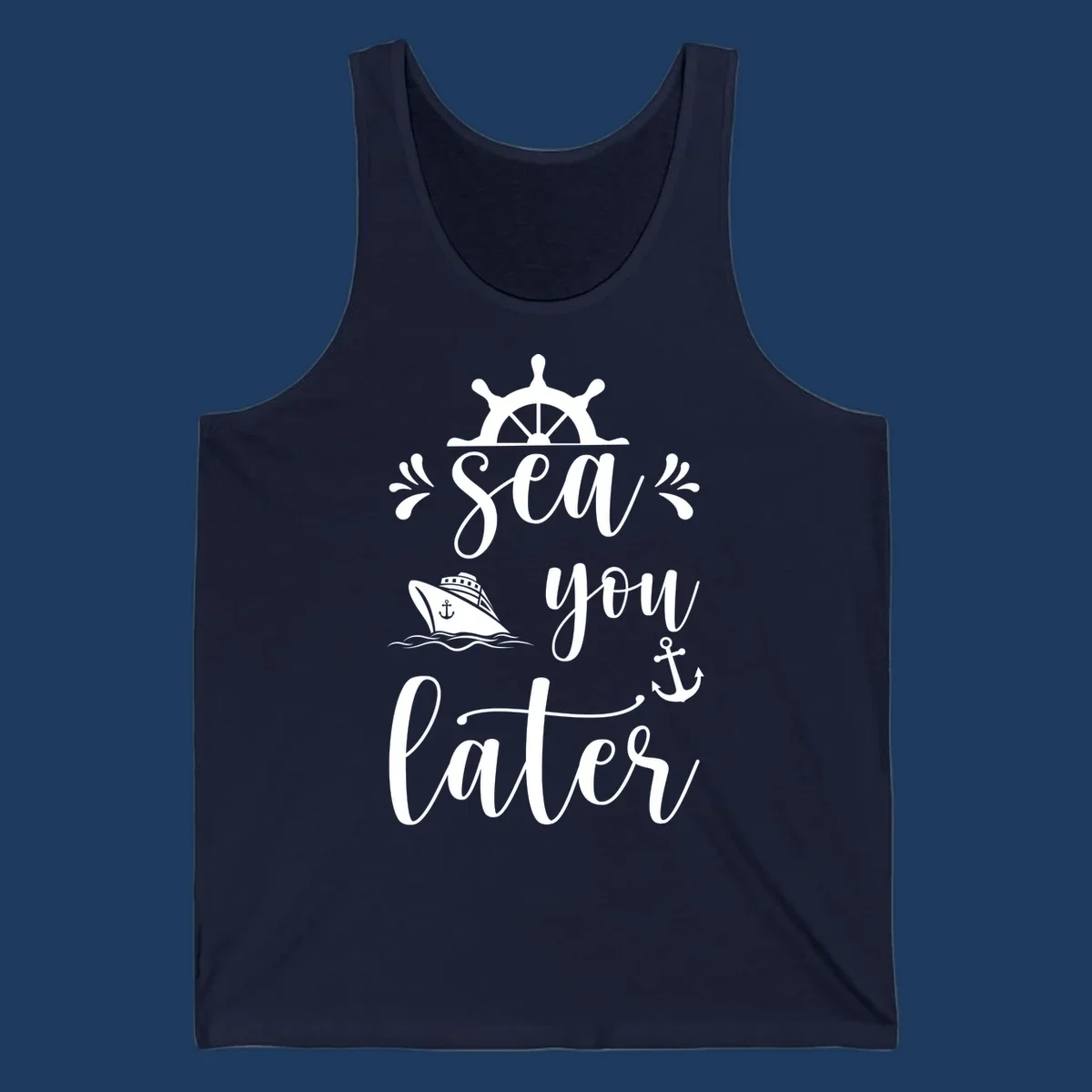 Sea you on the water nautical design with ship's wheel, cruise ship, anchor, and decorative flourishes on gray background