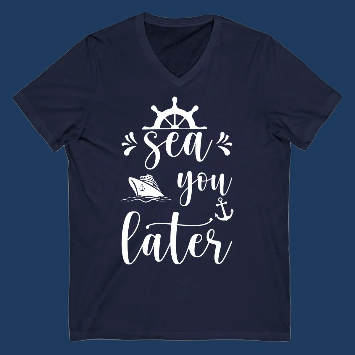 Sea you on the water nautical design with ship's wheel, cruise ship, anchor, and decorative flourishes on gray background