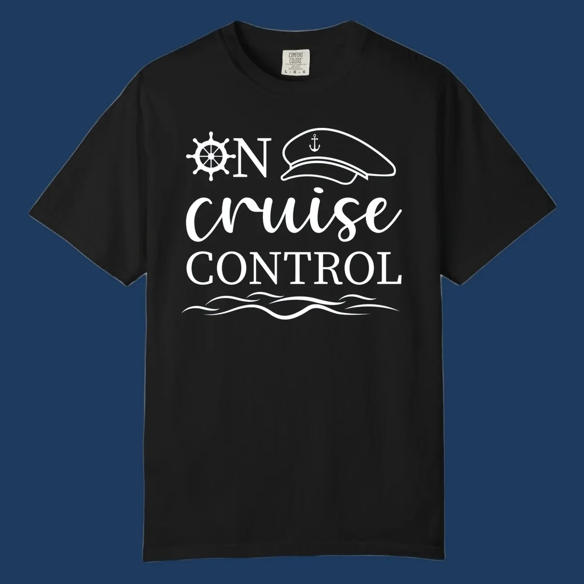 Nautical illustration with ship's wheel, captain's hat, anchor, and 'In Cruise Control' text with wave lines