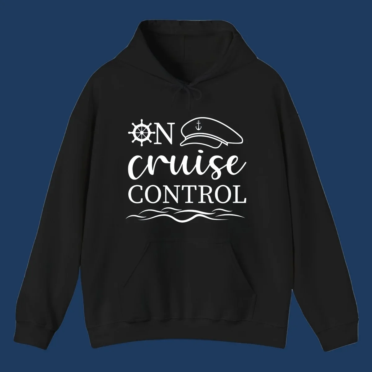 Nautical illustration with ship's wheel, captain's hat, anchor, and 'In Cruise Control' text with wave lines