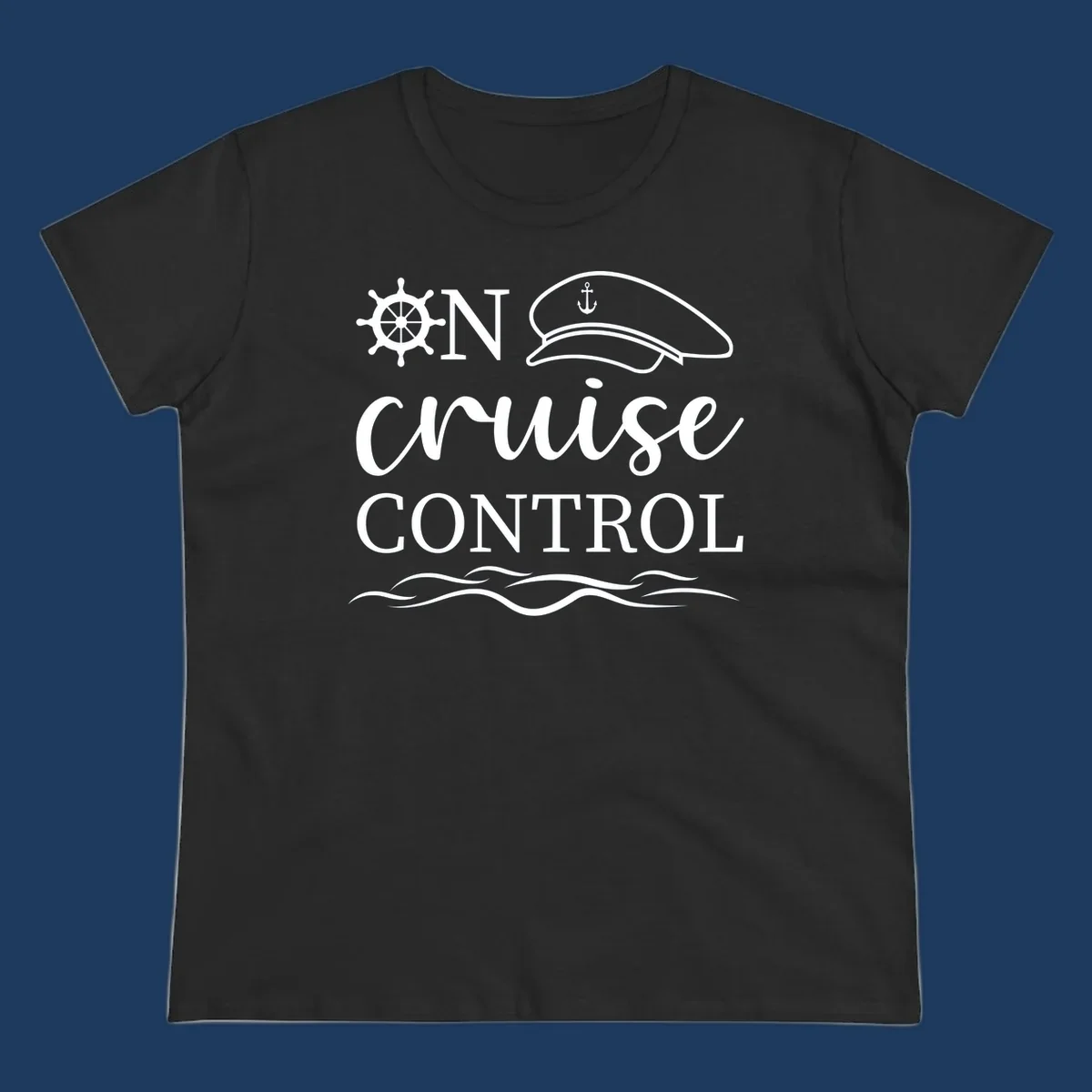 Nautical illustration with ship's wheel, captain's hat, anchor, and 'In Cruise Control' text with wave lines