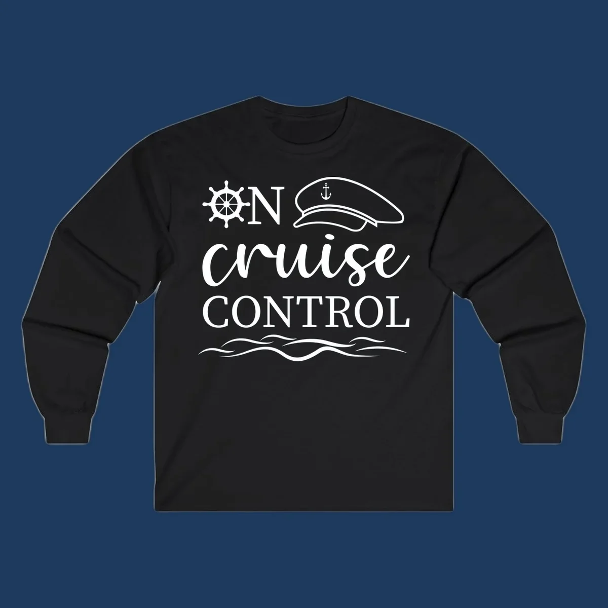 Nautical illustration with ship's wheel, captain's hat, anchor, and 'In Cruise Control' text with wave lines