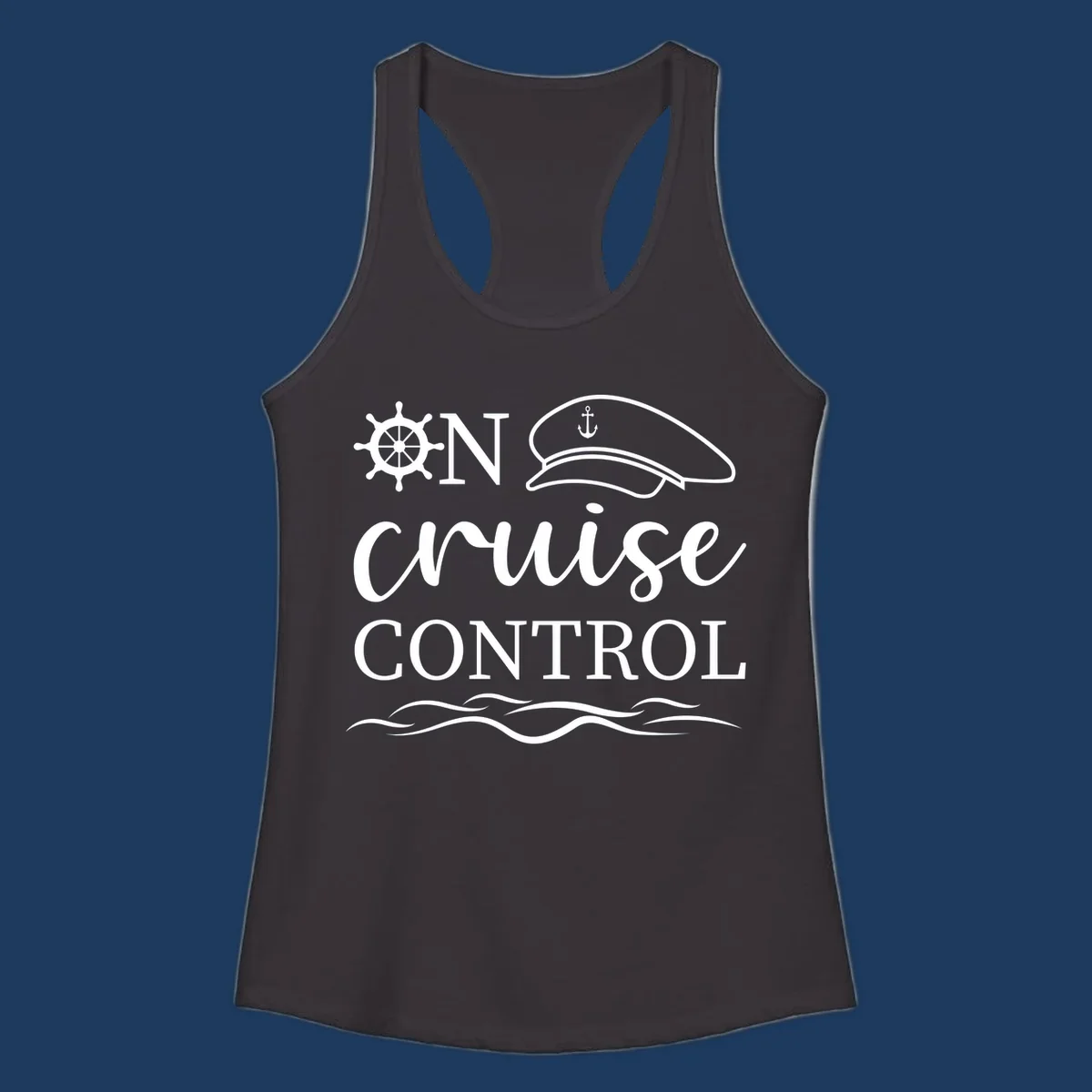 Nautical illustration with ship's wheel, captain's hat, anchor, and 'In Cruise Control' text with wave lines