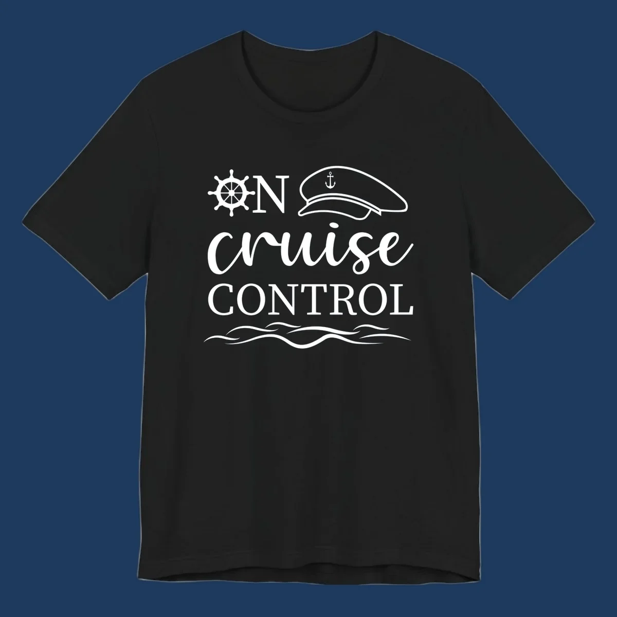 Nautical illustration with ship's wheel, captain's hat, anchor, and 'In Cruise Control' text with wave lines