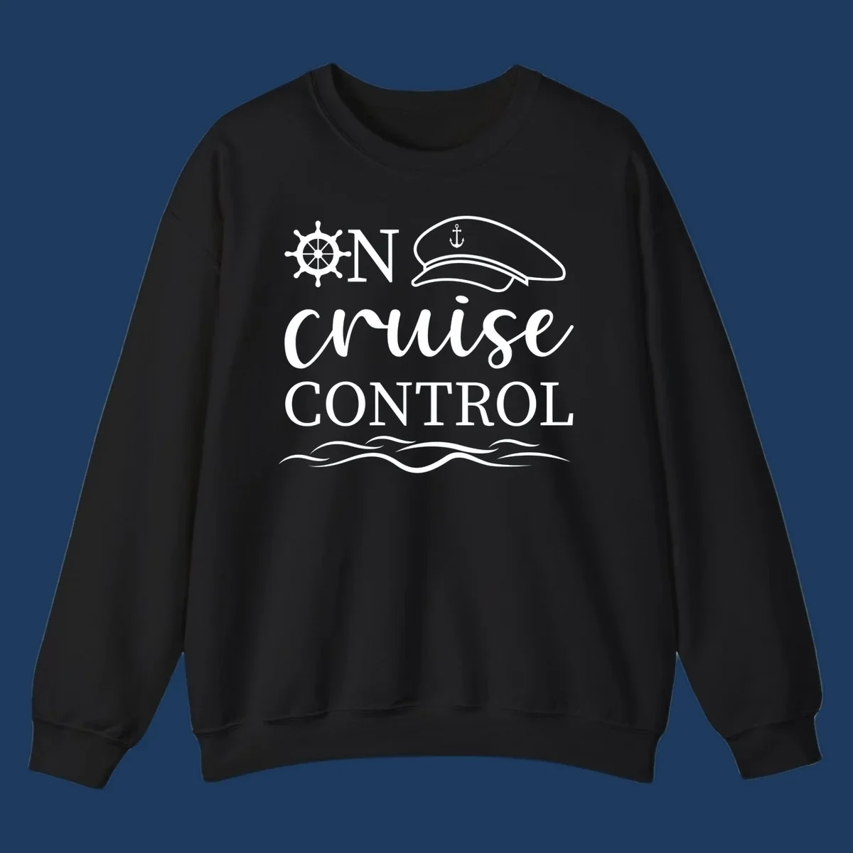 Nautical illustration with ship's wheel, captain's hat, anchor, and 'In Cruise Control' text with wave lines