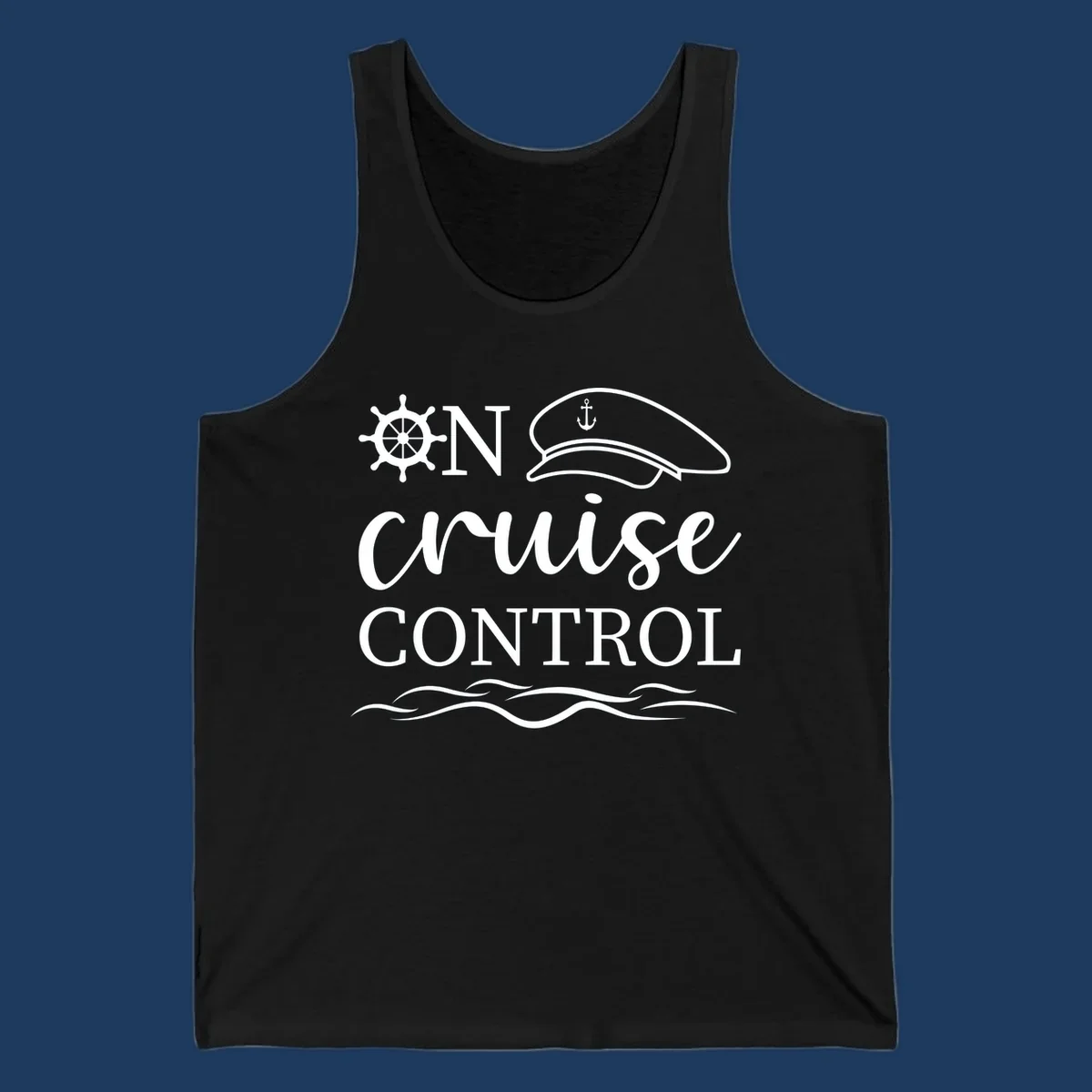 Nautical illustration with ship's wheel, captain's hat, anchor, and 'In Cruise Control' text with wave lines