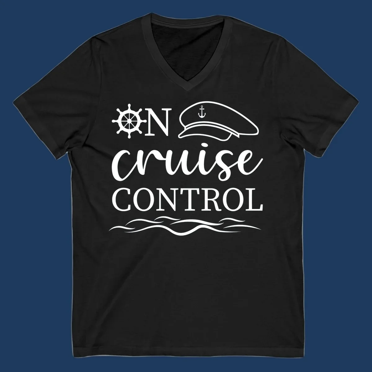 Nautical illustration with ship's wheel, captain's hat, anchor, and 'In Cruise Control' text with wave lines