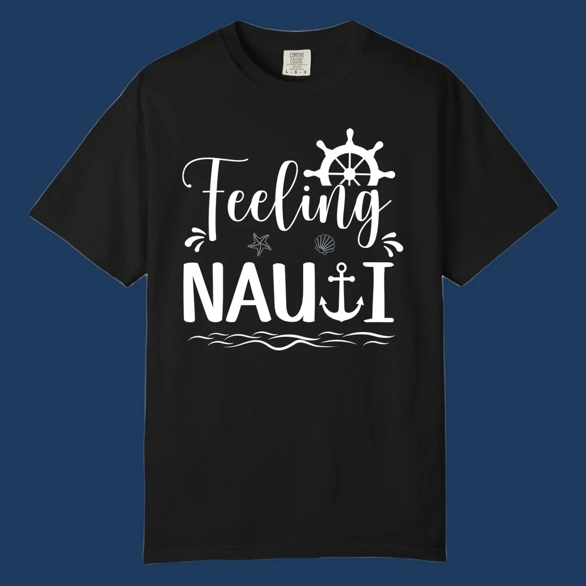 White nautical design on gray background featuring "Feeling NAUTICAL" text with ship wheel, anchor, starfish, seashell, and waves