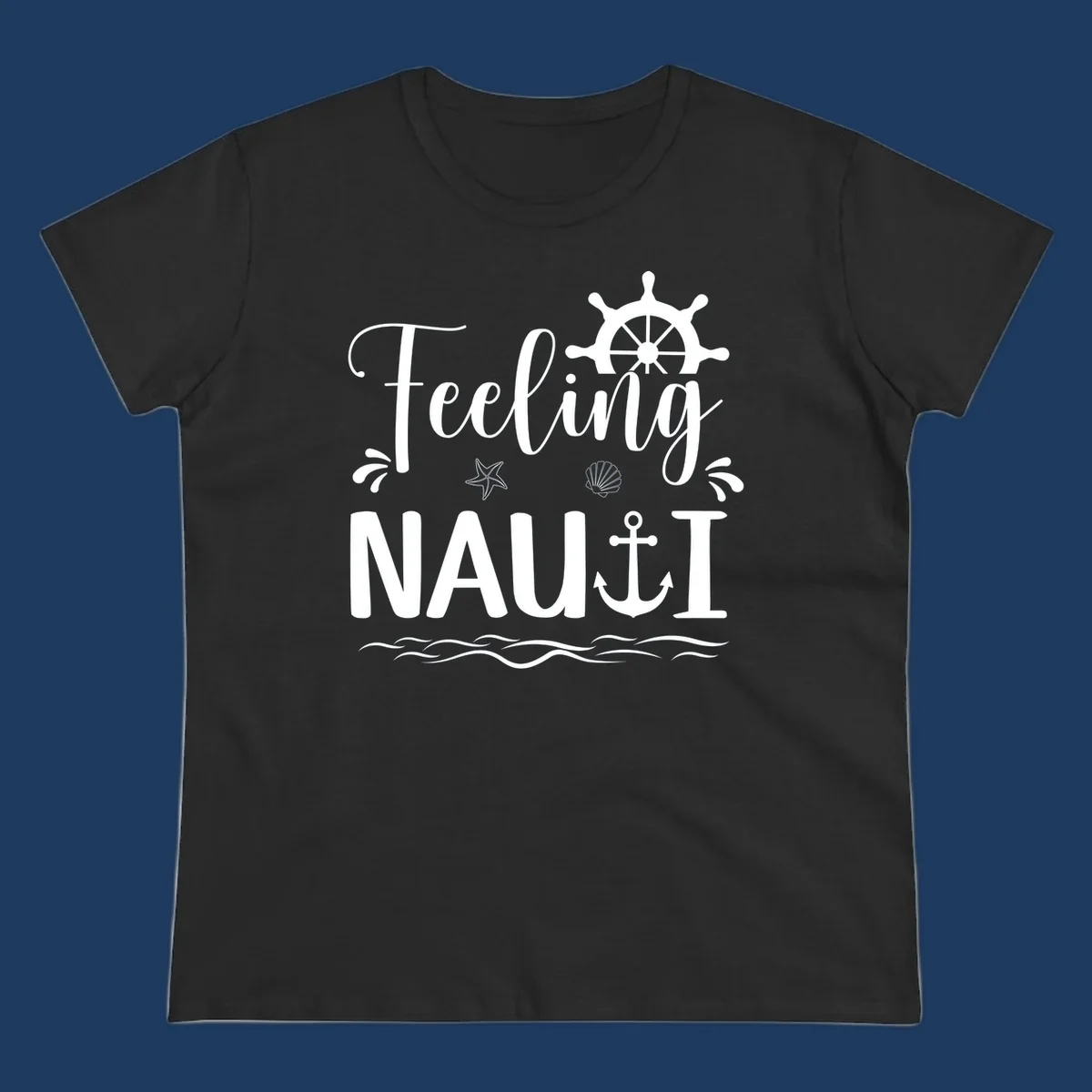 White nautical design on gray background featuring "Feeling NAUTICAL" text with ship wheel, anchor, starfish, seashell, and waves