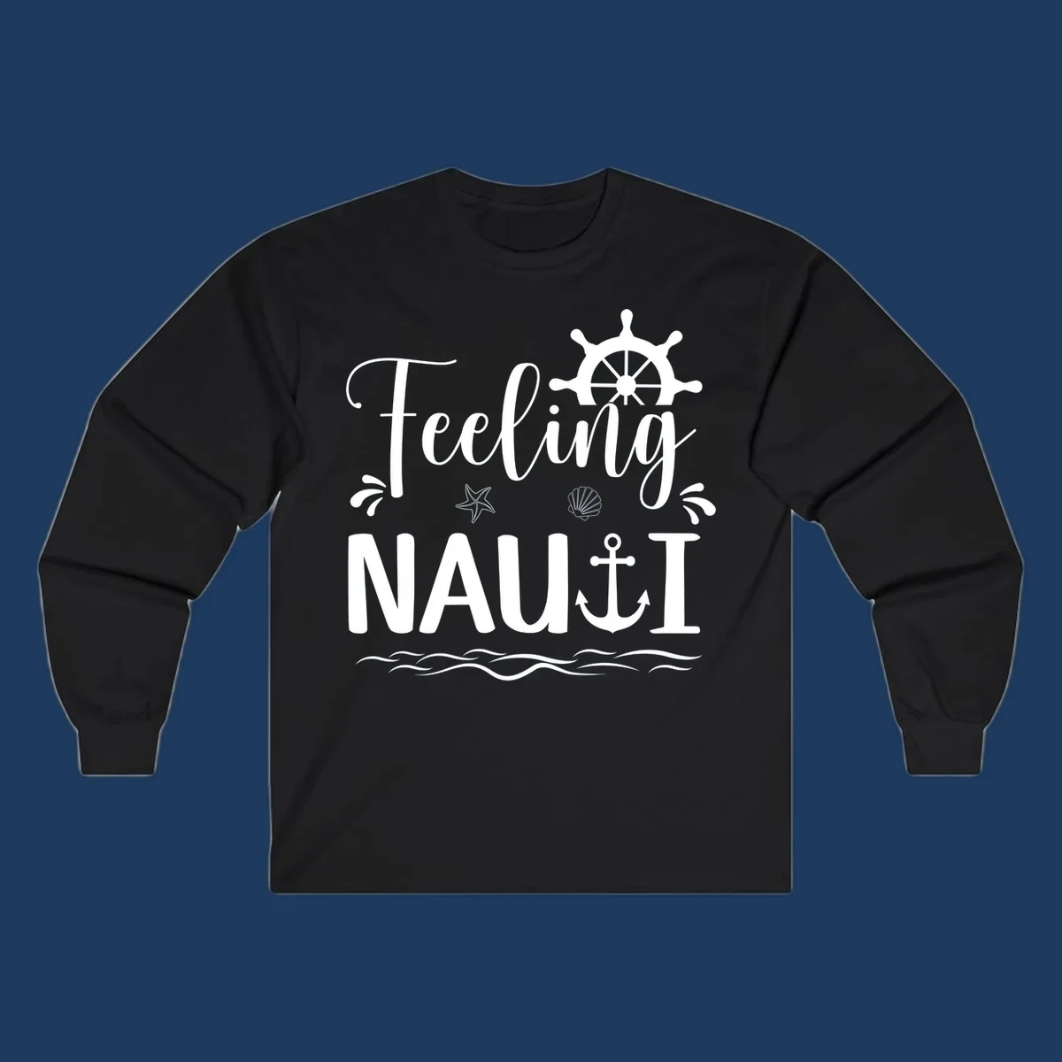 White nautical design on gray background featuring "Feeling NAUTICAL" text with ship wheel, anchor, starfish, seashell, and waves