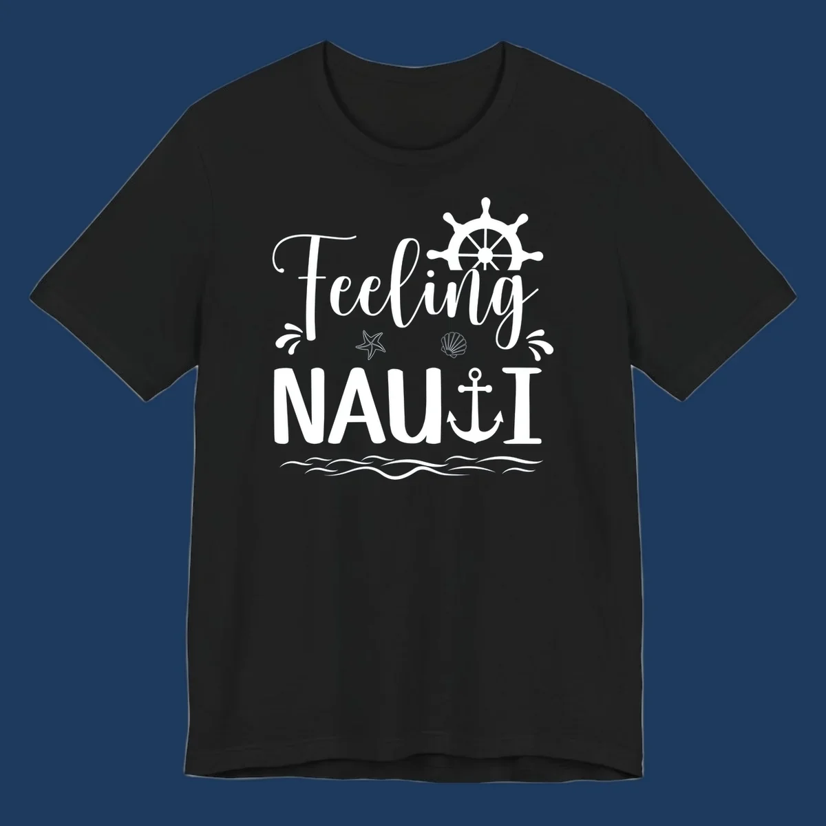White nautical design on gray background featuring "Feeling NAUTICAL" text with ship wheel, anchor, starfish, seashell, and waves