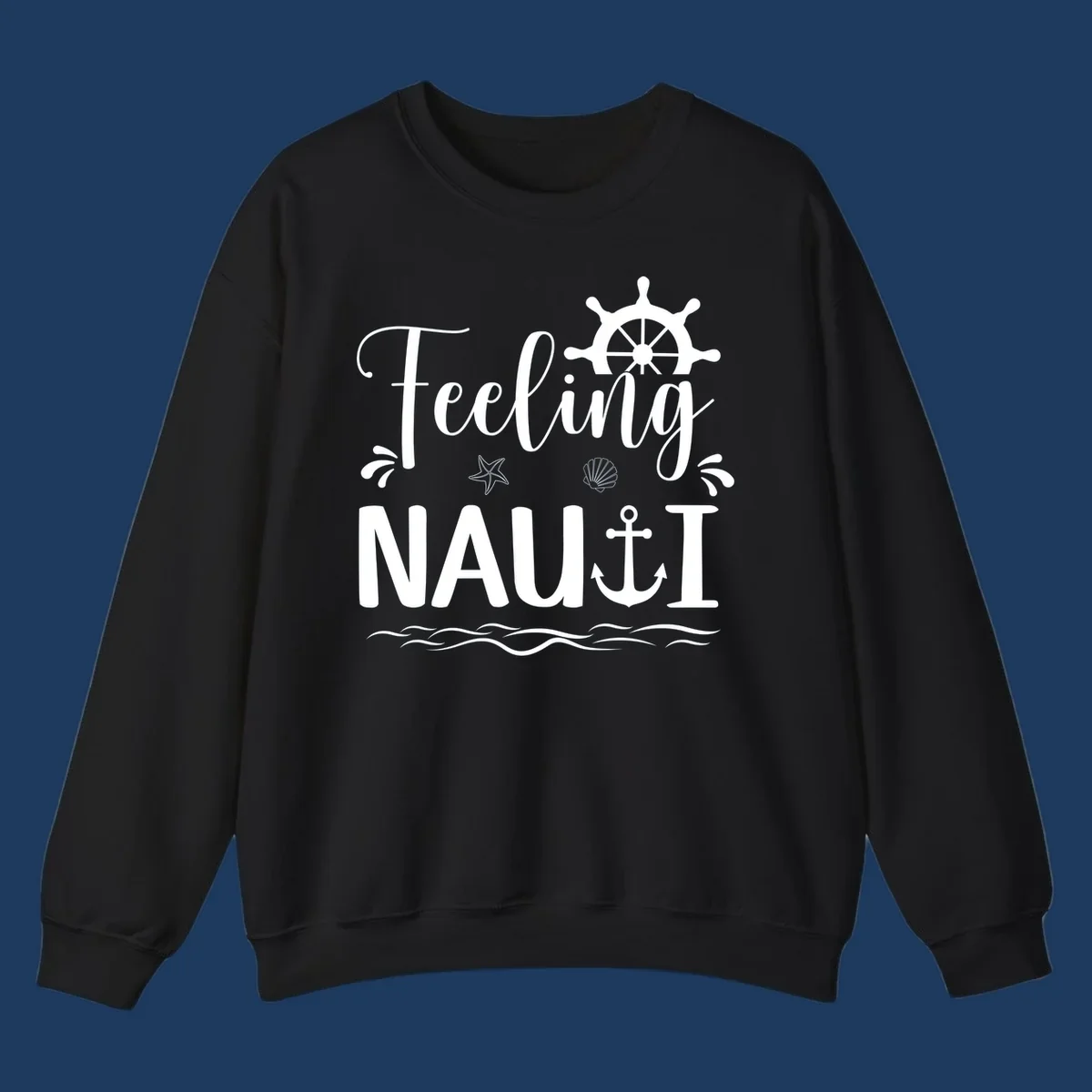 White nautical design on gray background featuring "Feeling NAUTICAL" text with ship wheel, anchor, starfish, seashell, and waves