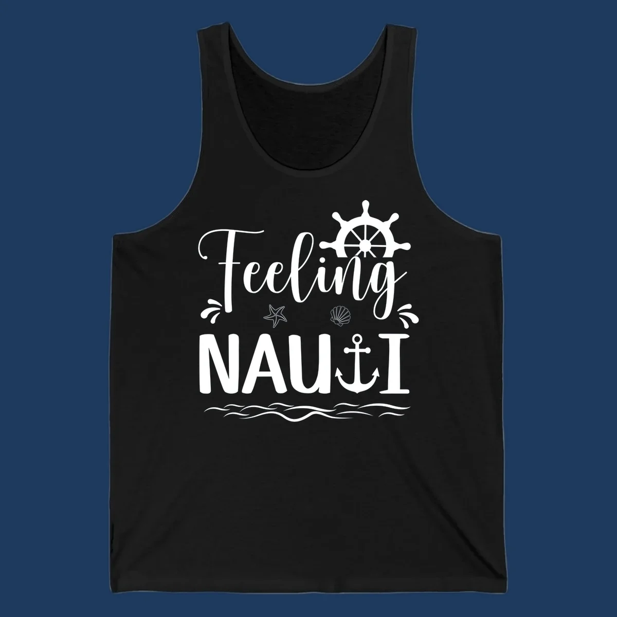 White nautical design on gray background featuring "Feeling NAUTICAL" text with ship wheel, anchor, starfish, seashell, and waves