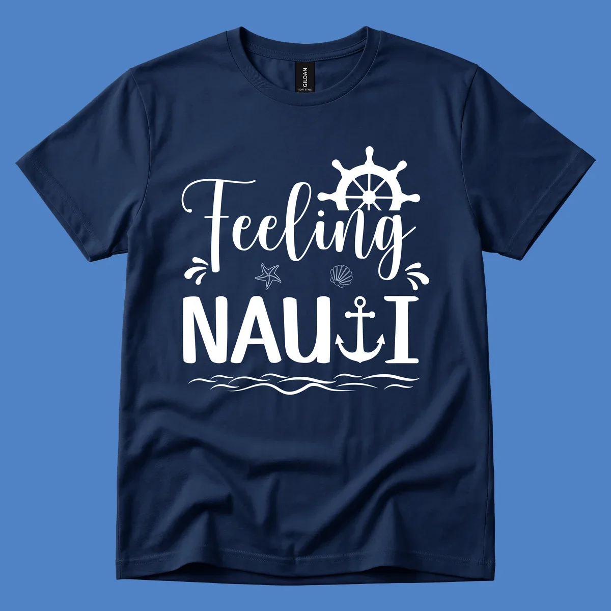 White nautical design on gray background featuring "Feeling NAUTICAL" text with ship wheel, anchor, starfish, seashell, and waves