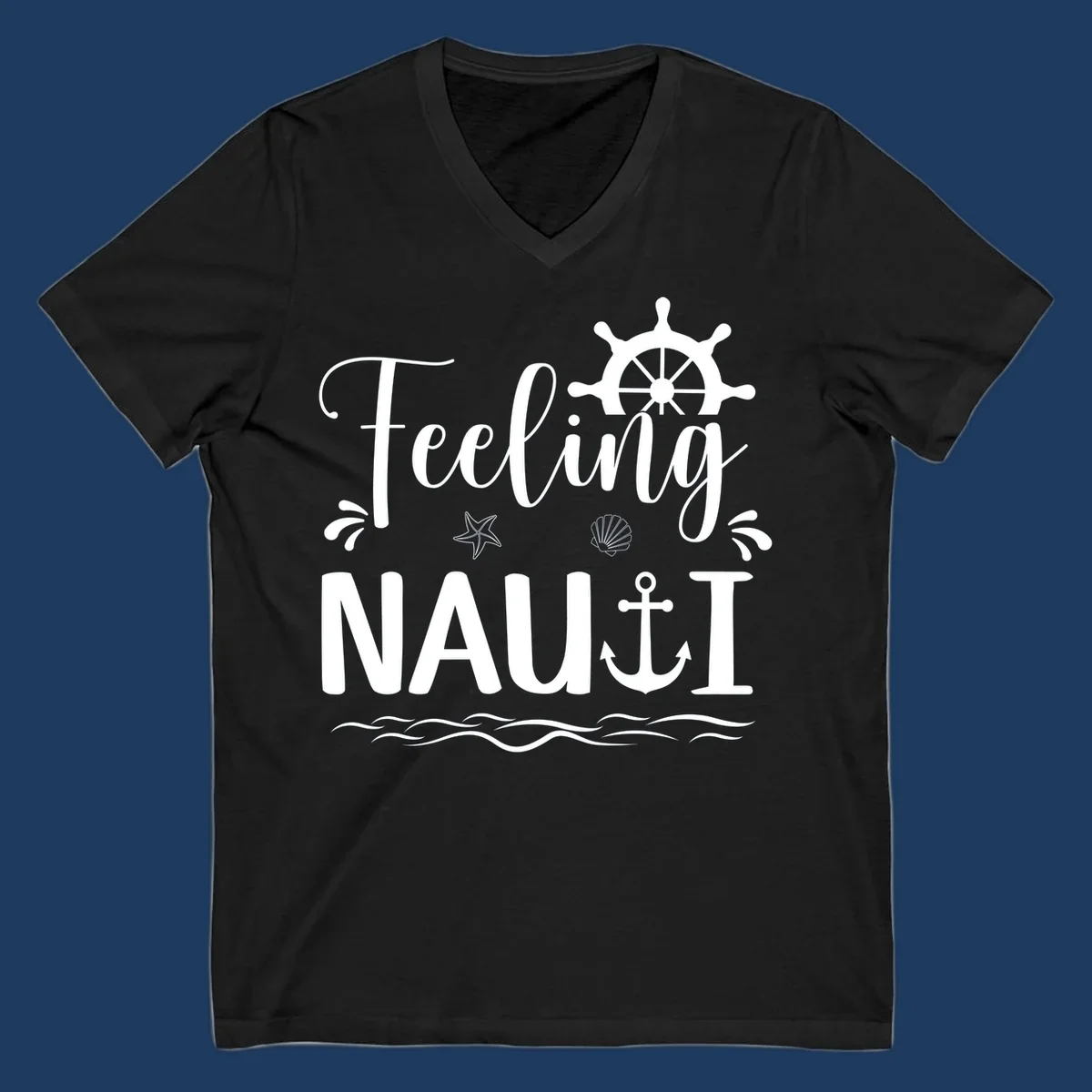 White nautical design on gray background featuring "Feeling NAUTICAL" text with ship wheel, anchor, starfish, seashell, and waves