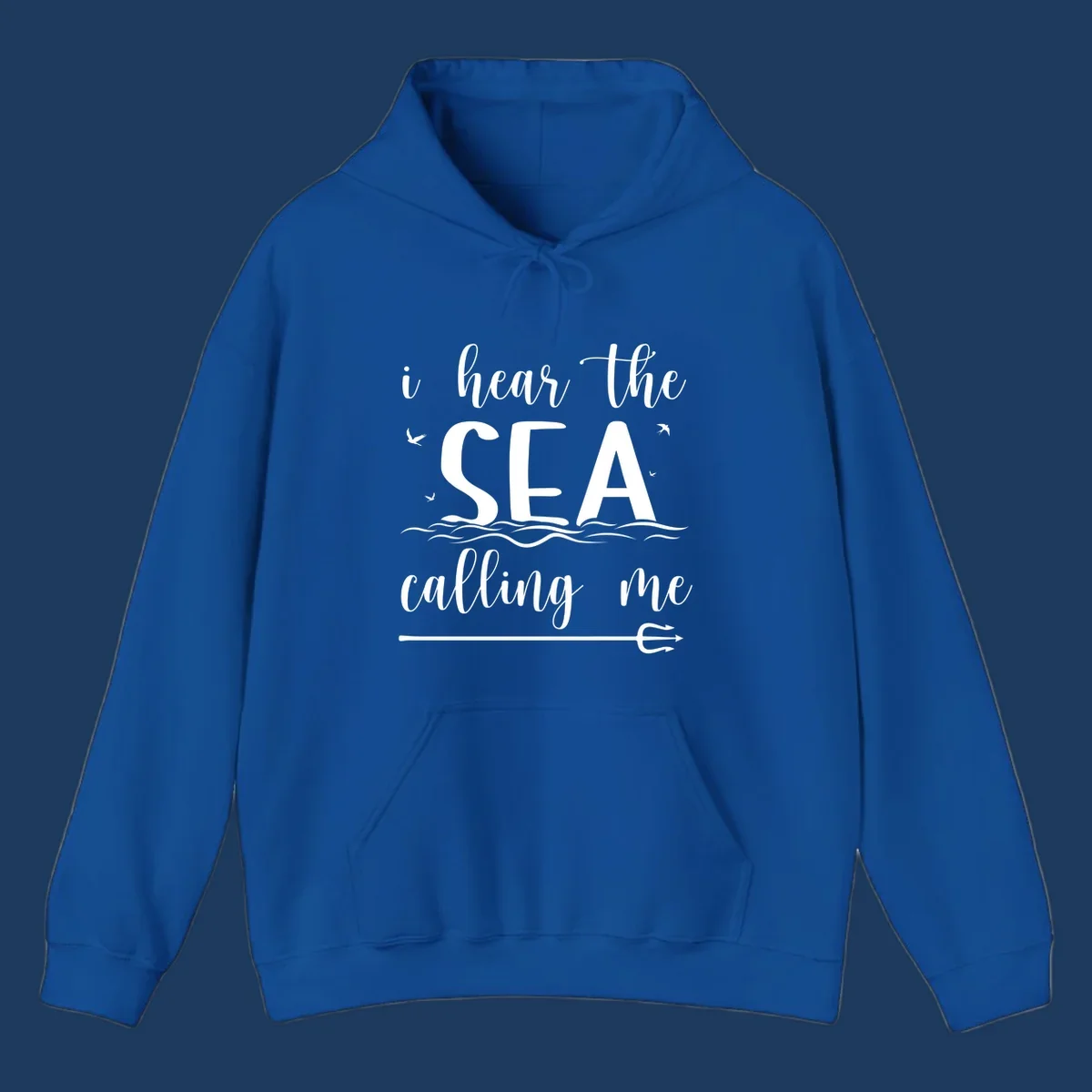 White nautical design with 'i hear the SEA calling me' text, ocean waves, seabirds, and trident anchor on gray background