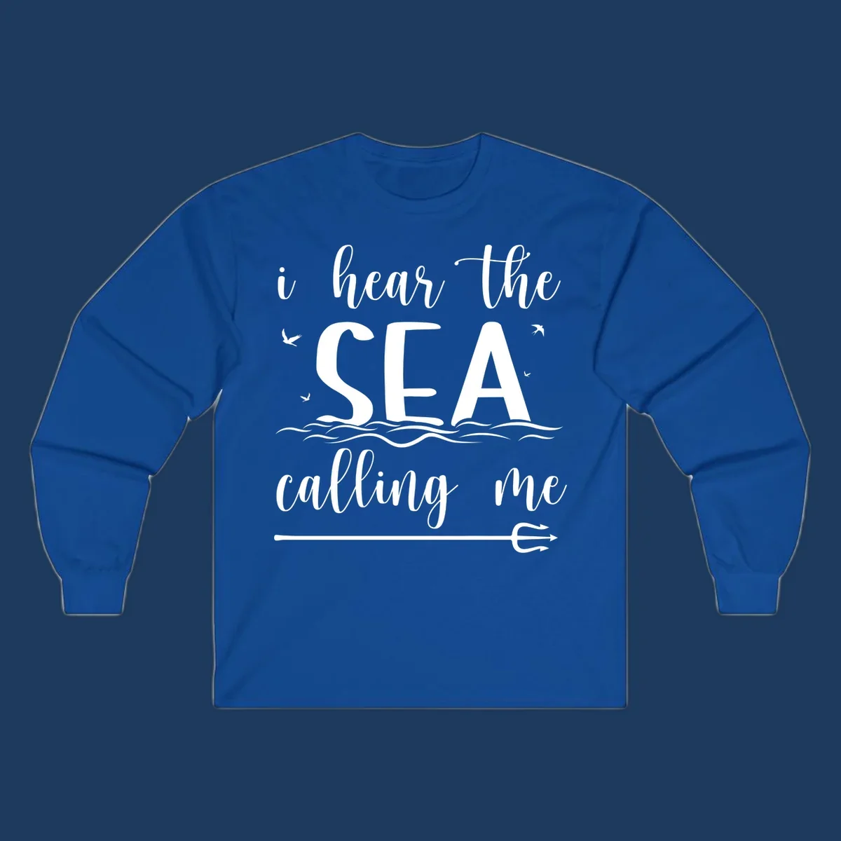 White nautical design with 'i hear the SEA calling me' text, ocean waves, seabirds, and trident anchor on gray background