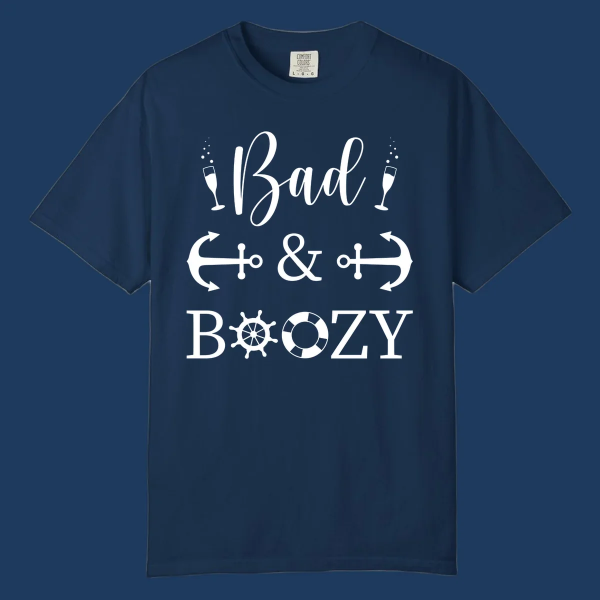 Bad and bozy nautical cruise design with champagne glasses, anchors, ship wheel, and life preserver icons on gray background