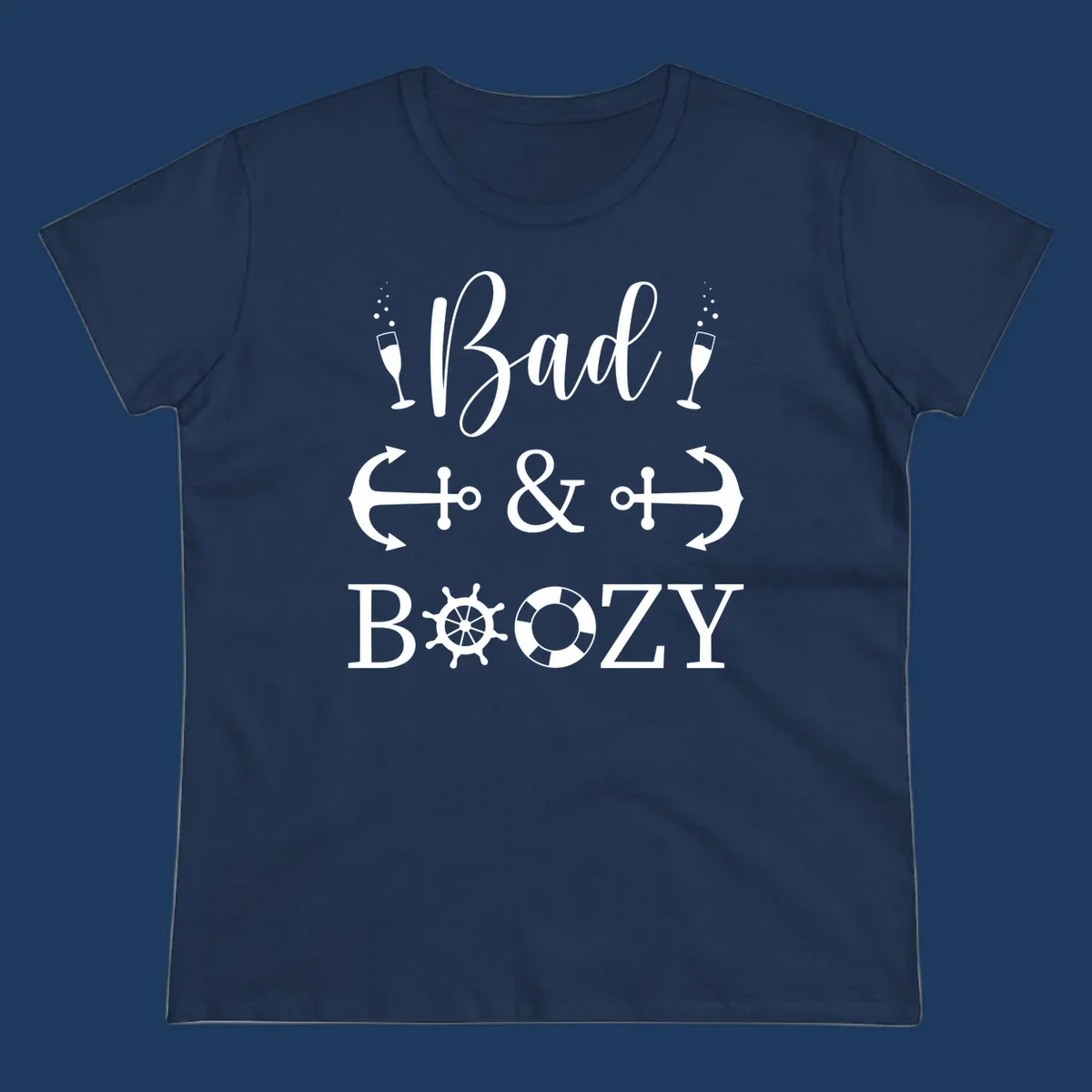 Bad and bozy nautical cruise design with champagne glasses, anchors, ship wheel, and life preserver icons on gray background