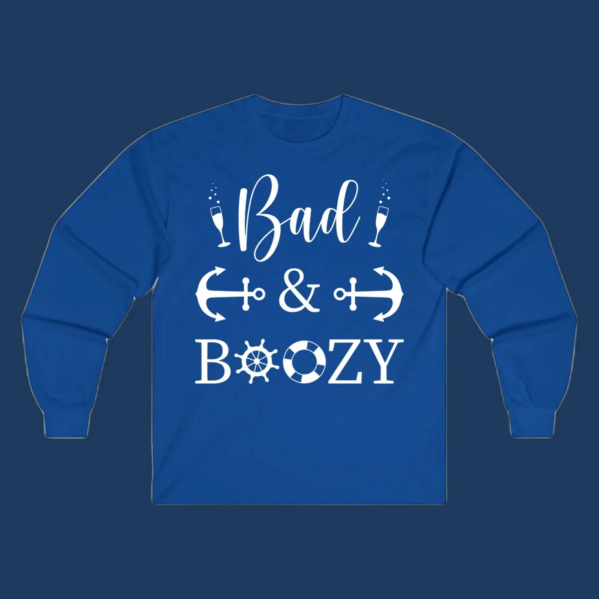 Bad and bozy nautical cruise design with champagne glasses, anchors, ship wheel, and life preserver icons on gray background