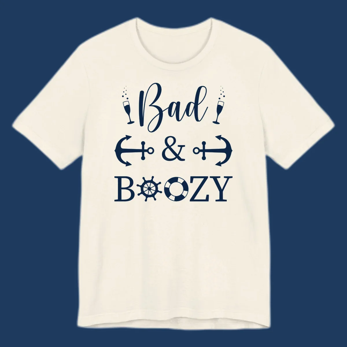 Bad and bozy nautical cruise design with champagne glasses, anchors, ship wheel, and life preserver icons on gray background