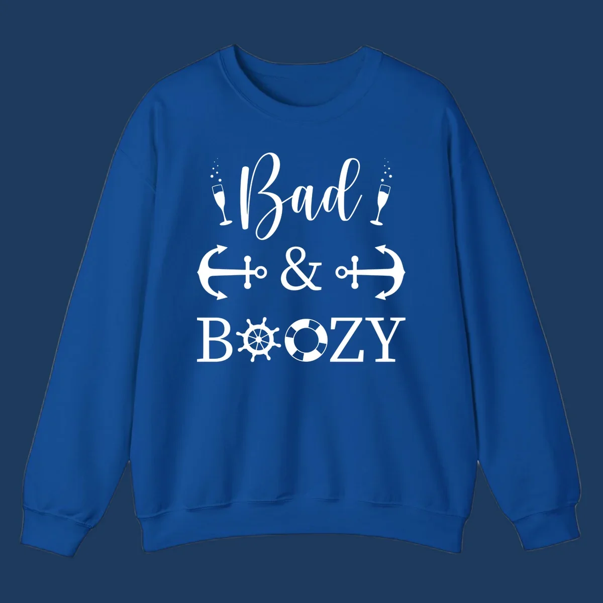 Bad and bozy nautical cruise design with champagne glasses, anchors, ship wheel, and life preserver icons on gray background