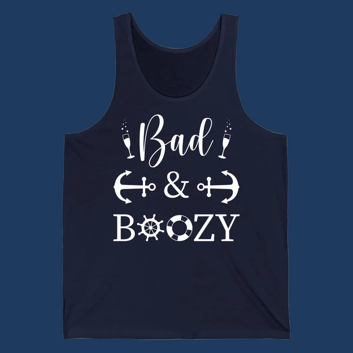 Bad and bozy nautical cruise design with champagne glasses, anchors, ship wheel, and life preserver icons on gray background