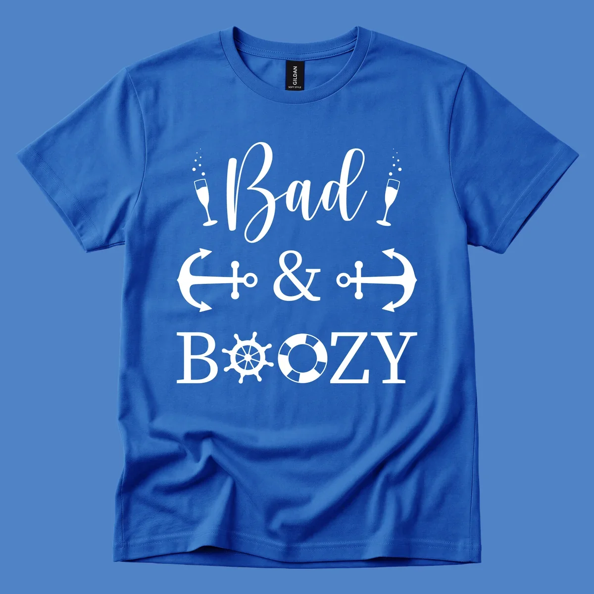 Bad and bozy nautical cruise design with champagne glasses, anchors, ship wheel, and life preserver icons on gray background