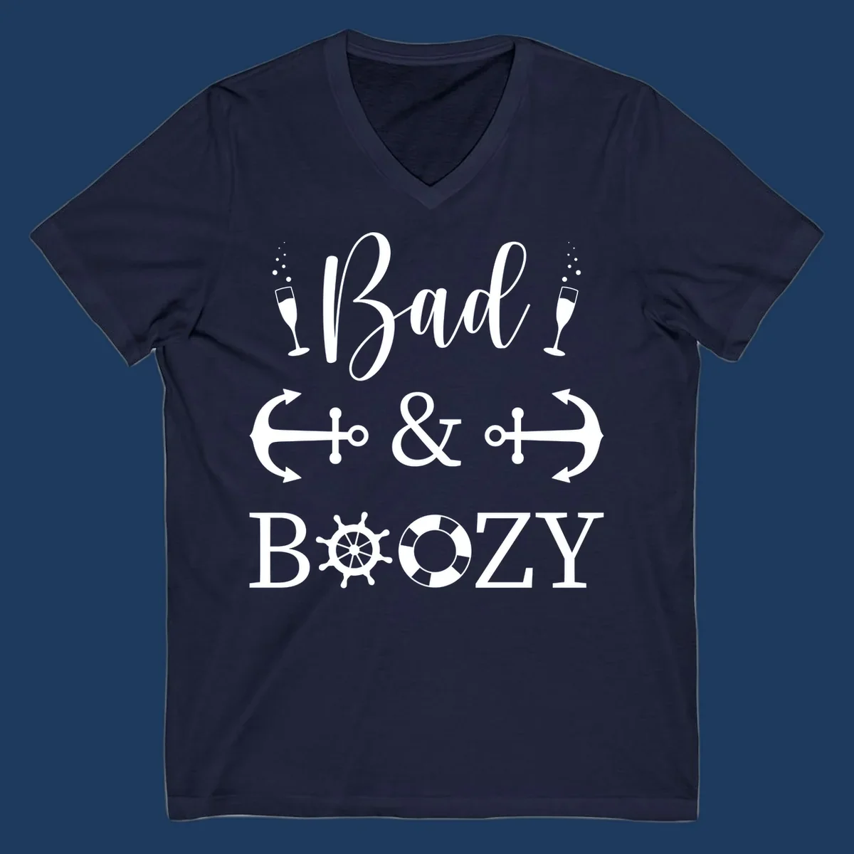Bad and bozy nautical cruise design with champagne glasses, anchors, ship wheel, and life preserver icons on gray background