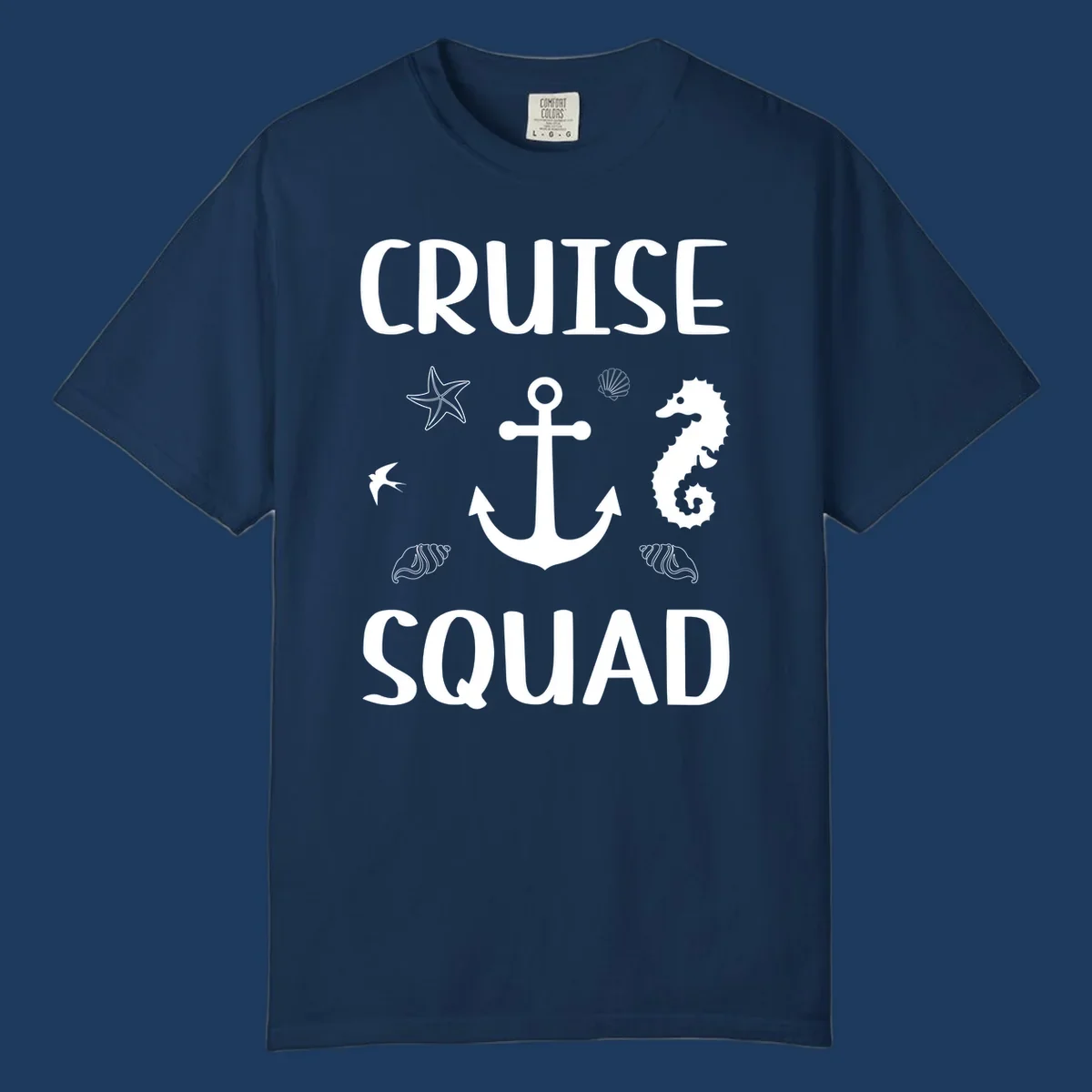 Cruise squad anchor design with starfish, seashells, and seahorse on gray background