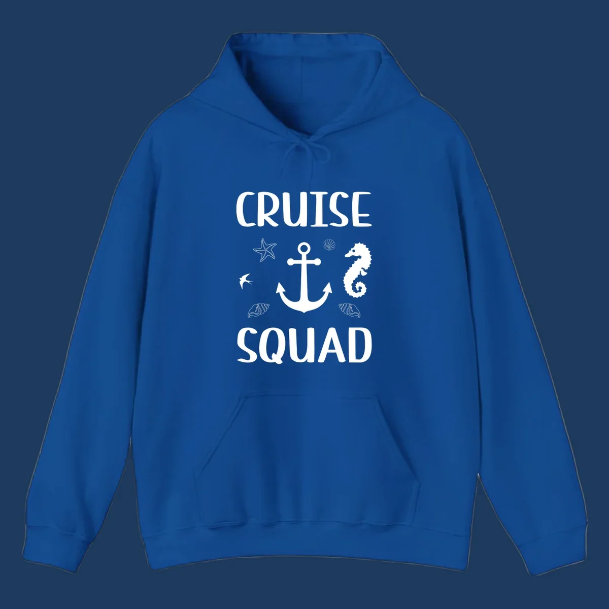 Cruise squad anchor design with starfish, seashells, and seahorse on gray background
