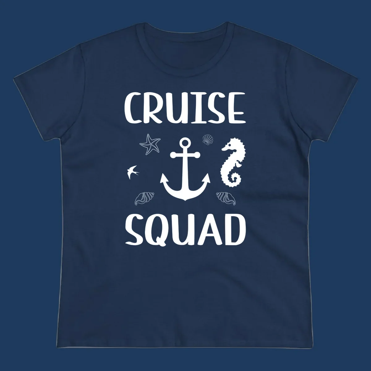 Cruise squad anchor design with starfish, seashells, and seahorse on gray background
