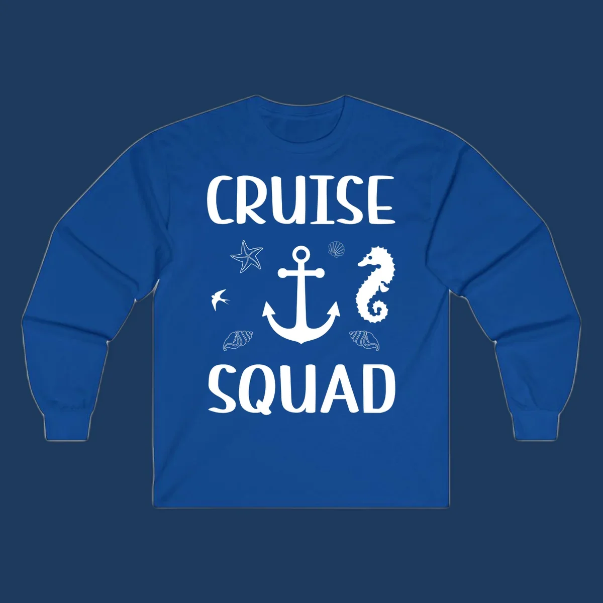 Cruise squad anchor design with starfish, seashells, and seahorse on gray background
