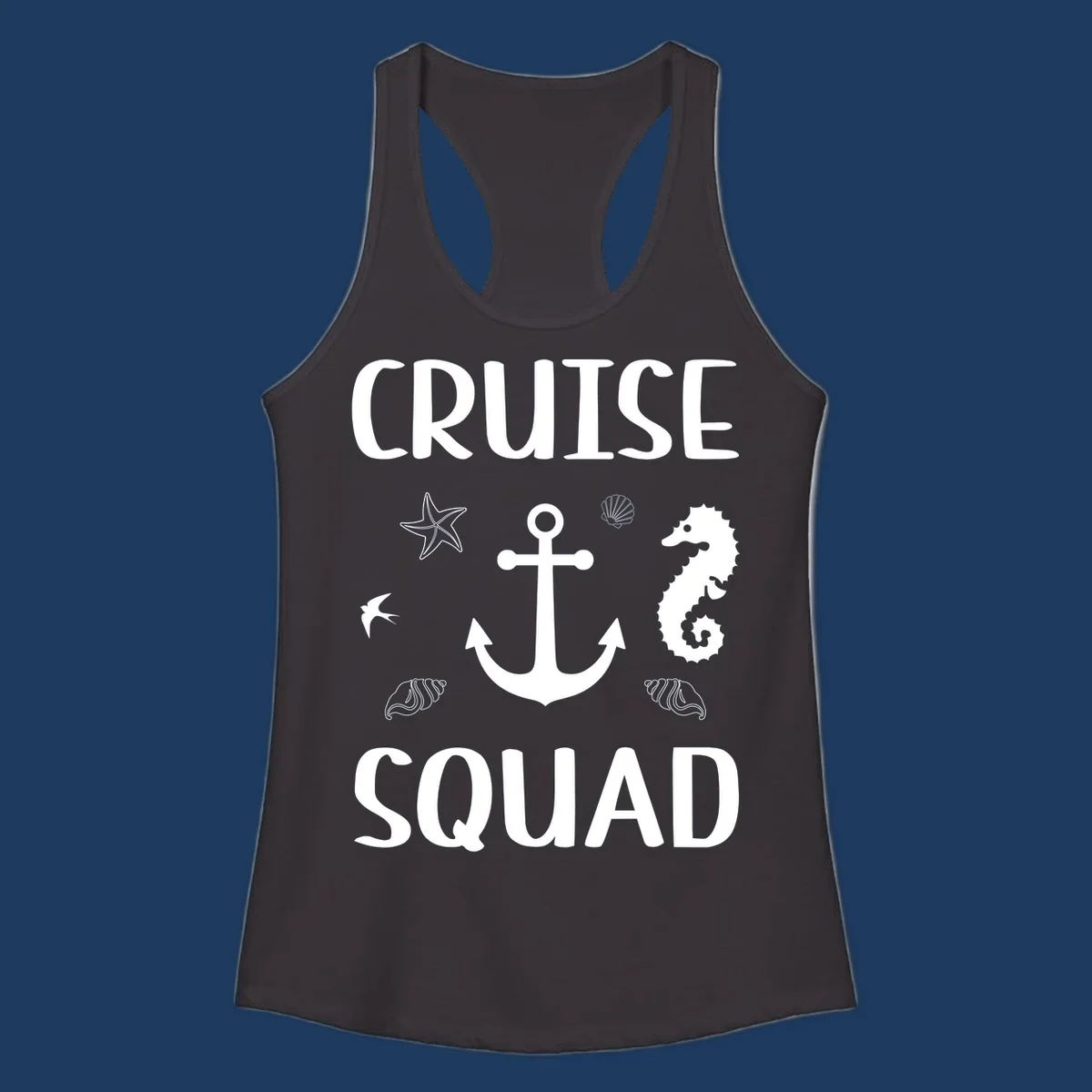 Cruise squad anchor design with starfish, seashells, and seahorse on gray background
