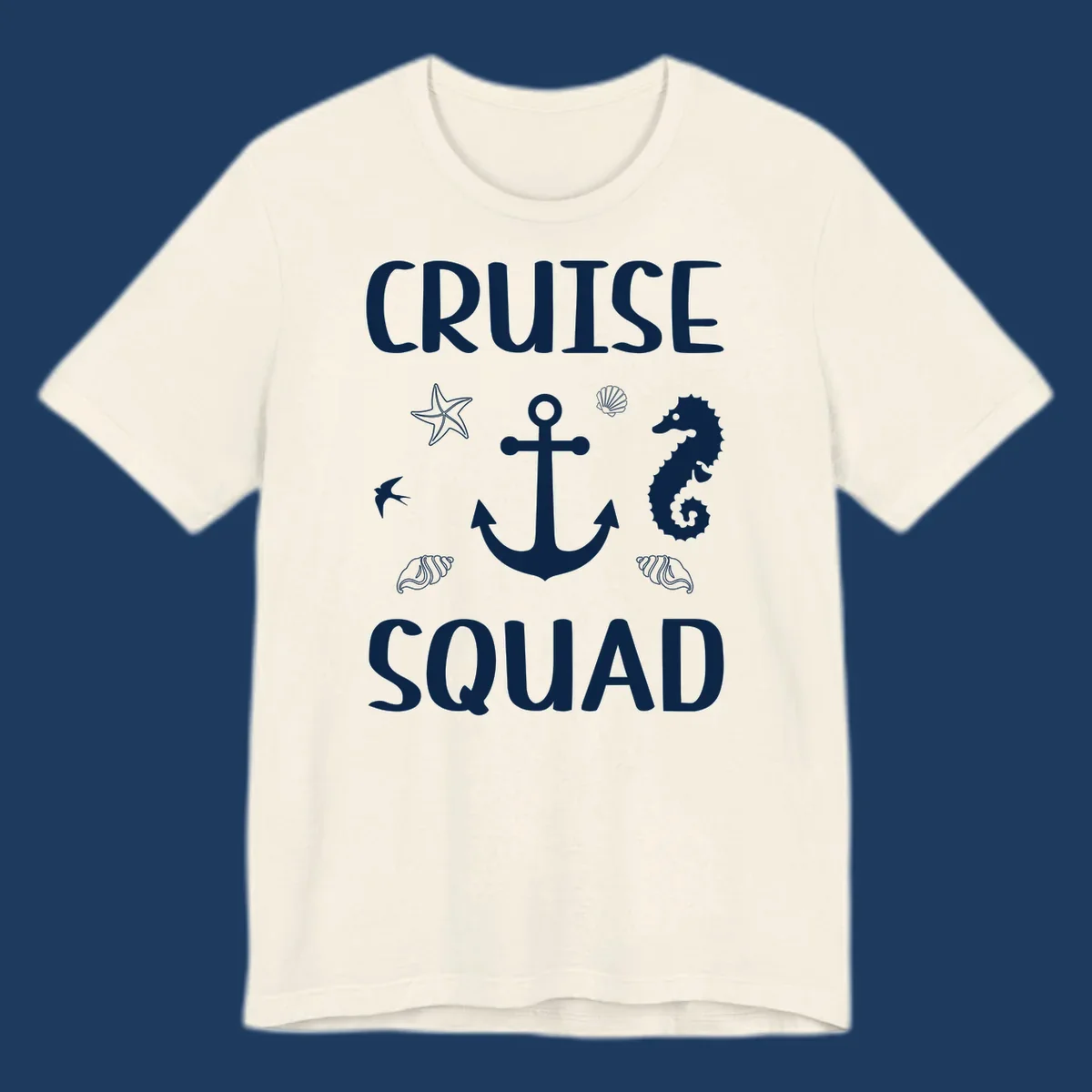 Cruise squad anchor design with starfish, seashells, and seahorse on gray background