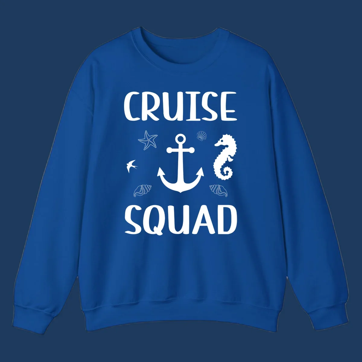 Cruise squad anchor design with starfish, seashells, and seahorse on gray background
