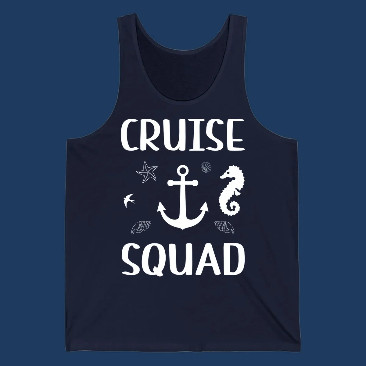 Cruise squad anchor design with starfish, seashells, and seahorse on gray background