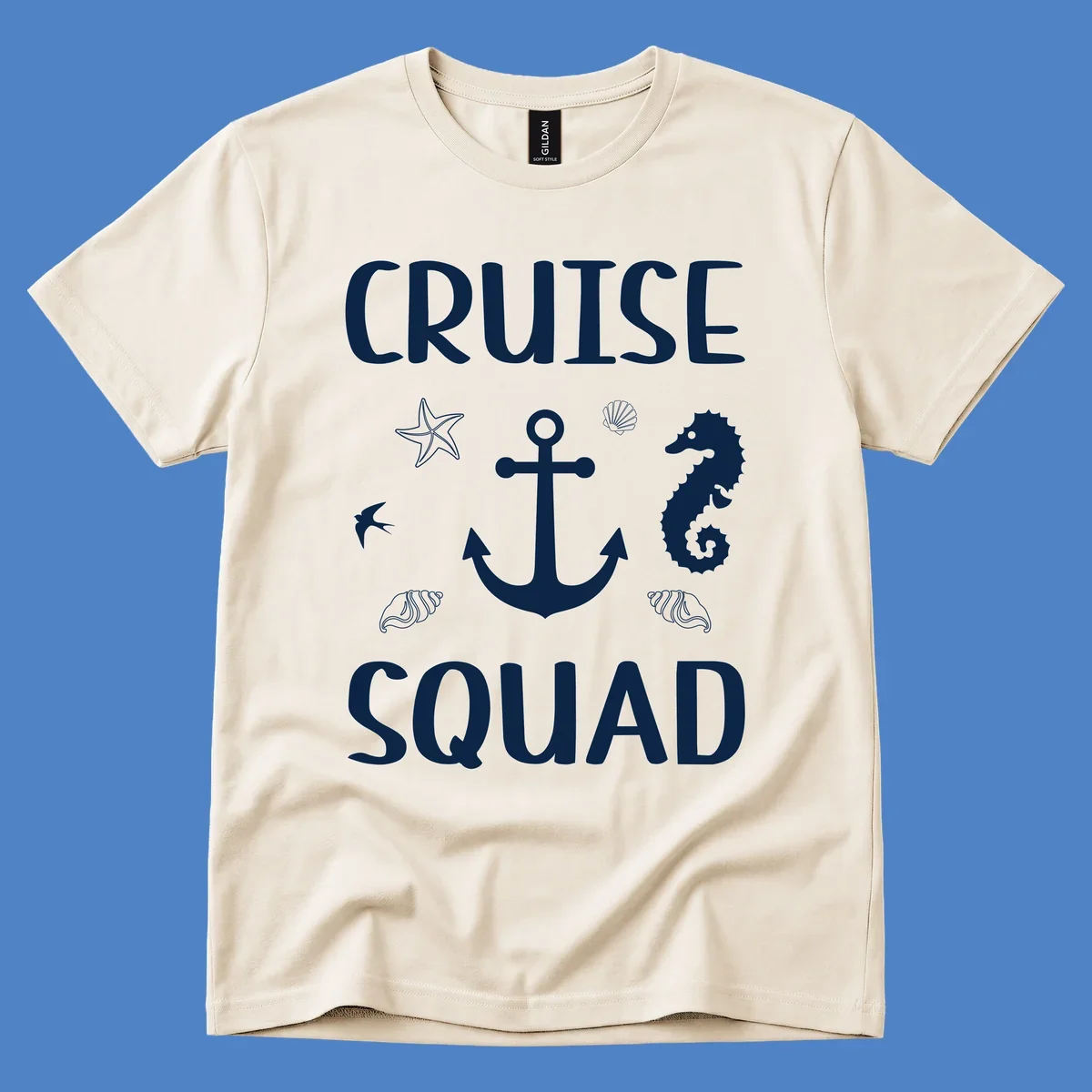 Cruise squad anchor design with starfish, seashells, and seahorse on gray background