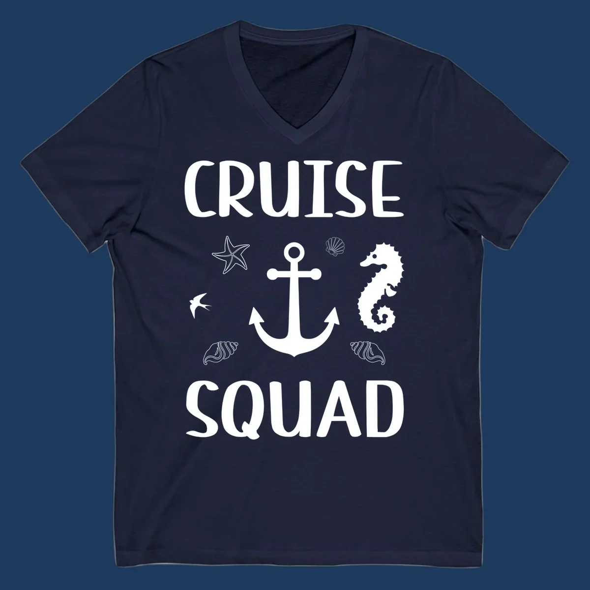 Cruise squad anchor design with starfish, seashells, and seahorse on gray background