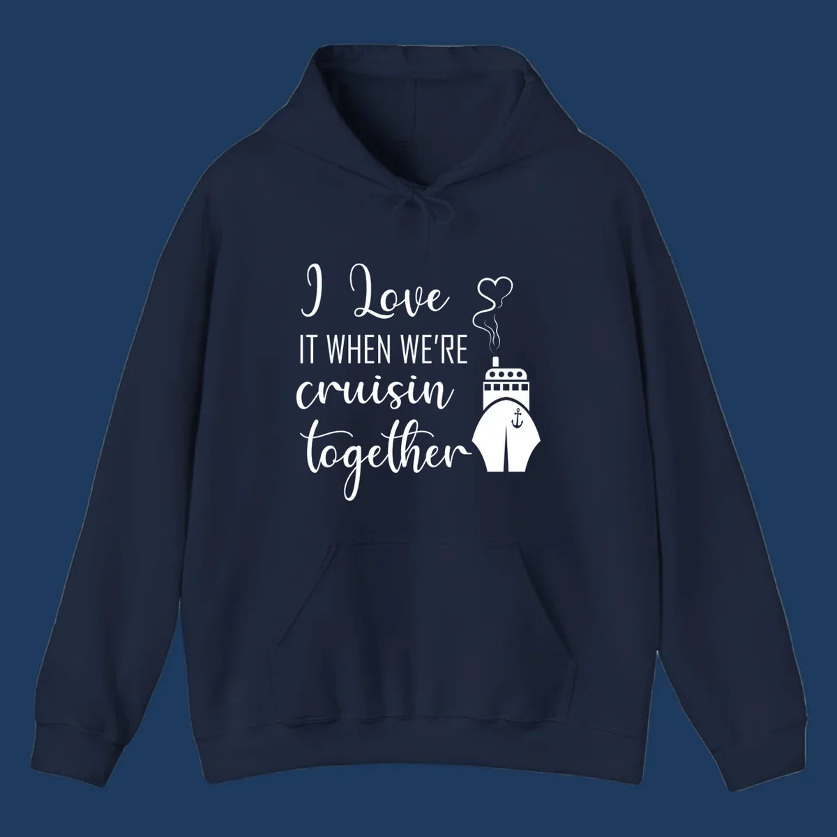 Cruise ship illustration with heart and anchor symbols, white text reading 'I Love it when we're cruisin together' on gray background