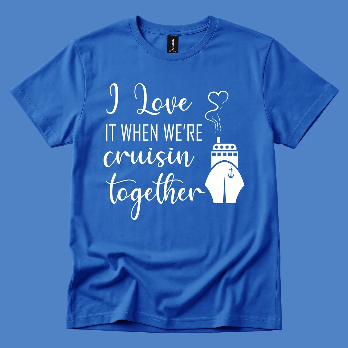 Cruise ship illustration with heart and anchor symbols, white text reading 'I Love it when we're cruisin together' on gray background