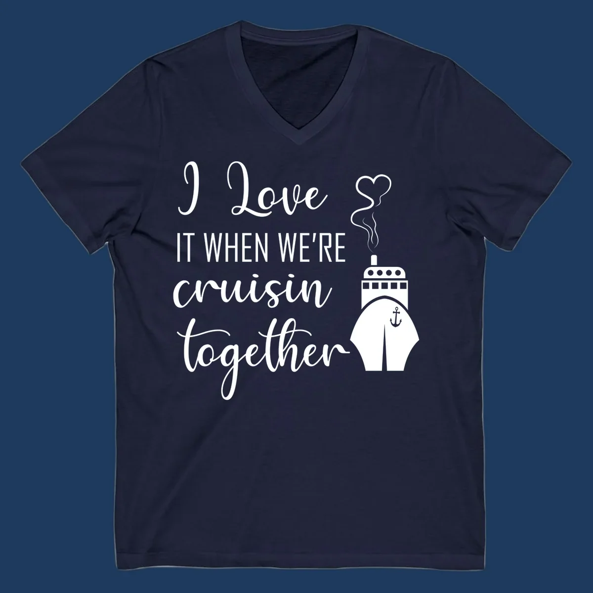 Cruise ship illustration with heart and anchor symbols, white text reading 'I Love it when we're cruisin together' on gray background