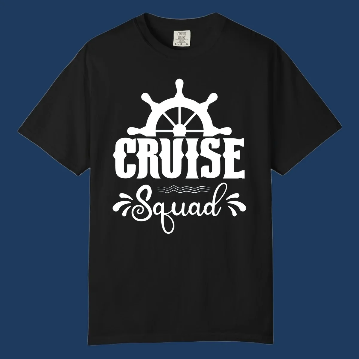 White nautical ship wheel with 'CRUISE SQUAD' text and ocean wave decorative elements on gray background
