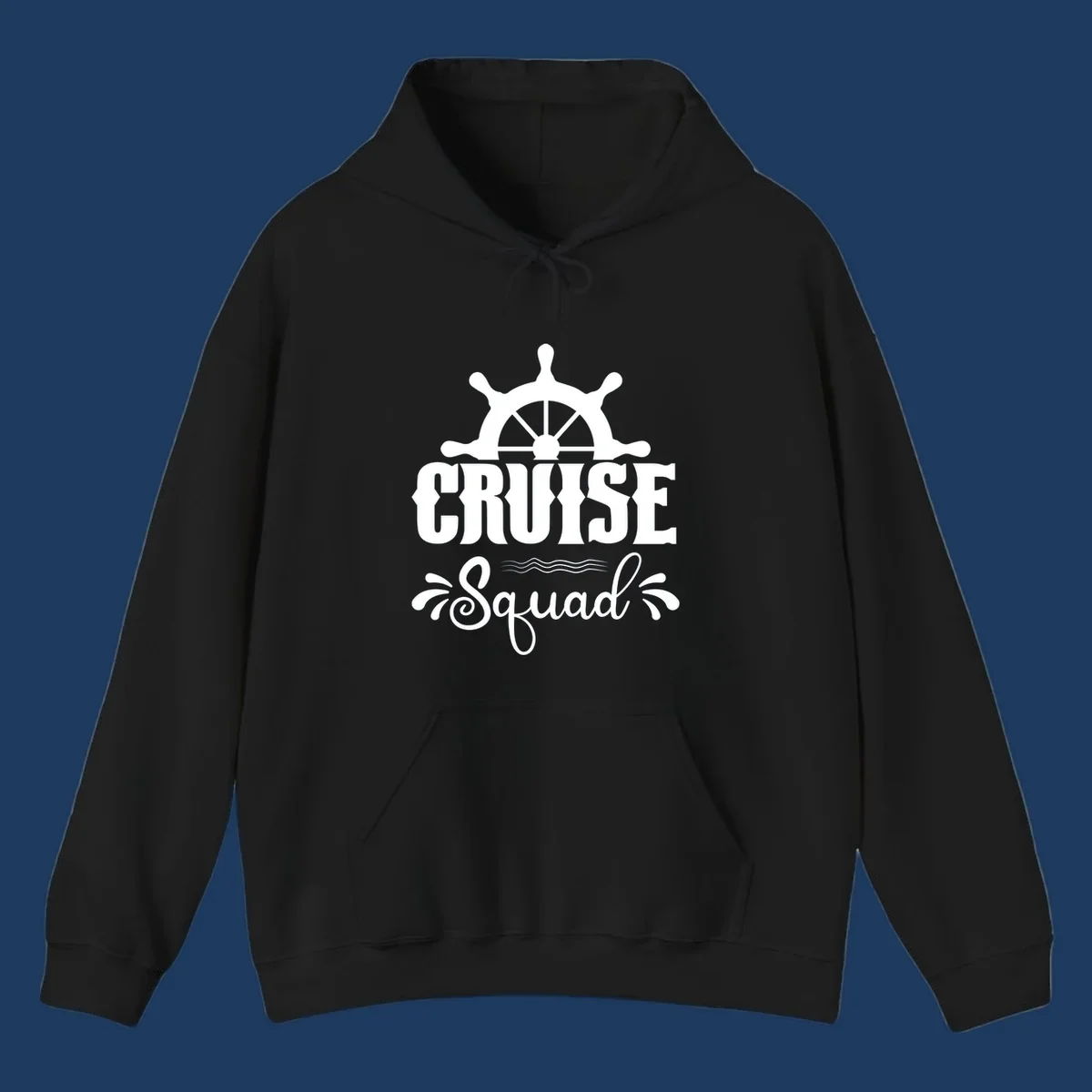 White nautical ship wheel with 'CRUISE SQUAD' text and ocean wave decorative elements on gray background