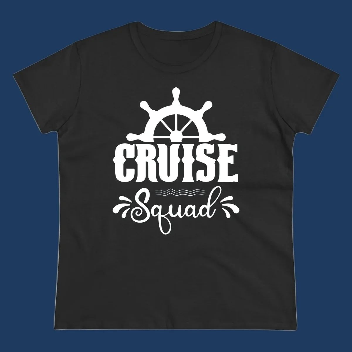 White nautical ship wheel with 'CRUISE SQUAD' text and ocean wave decorative elements on gray background