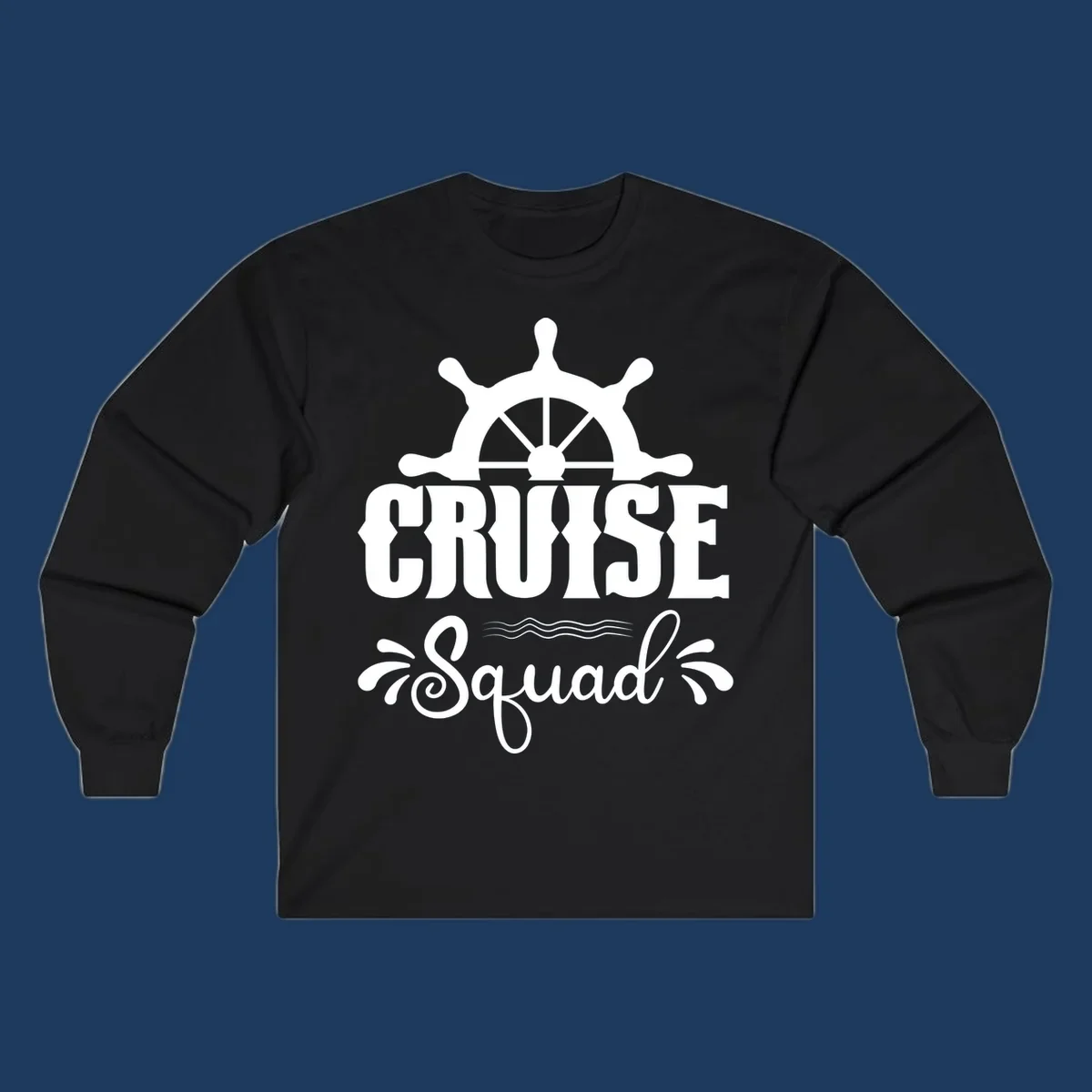 White nautical ship wheel with 'CRUISE SQUAD' text and ocean wave decorative elements on gray background