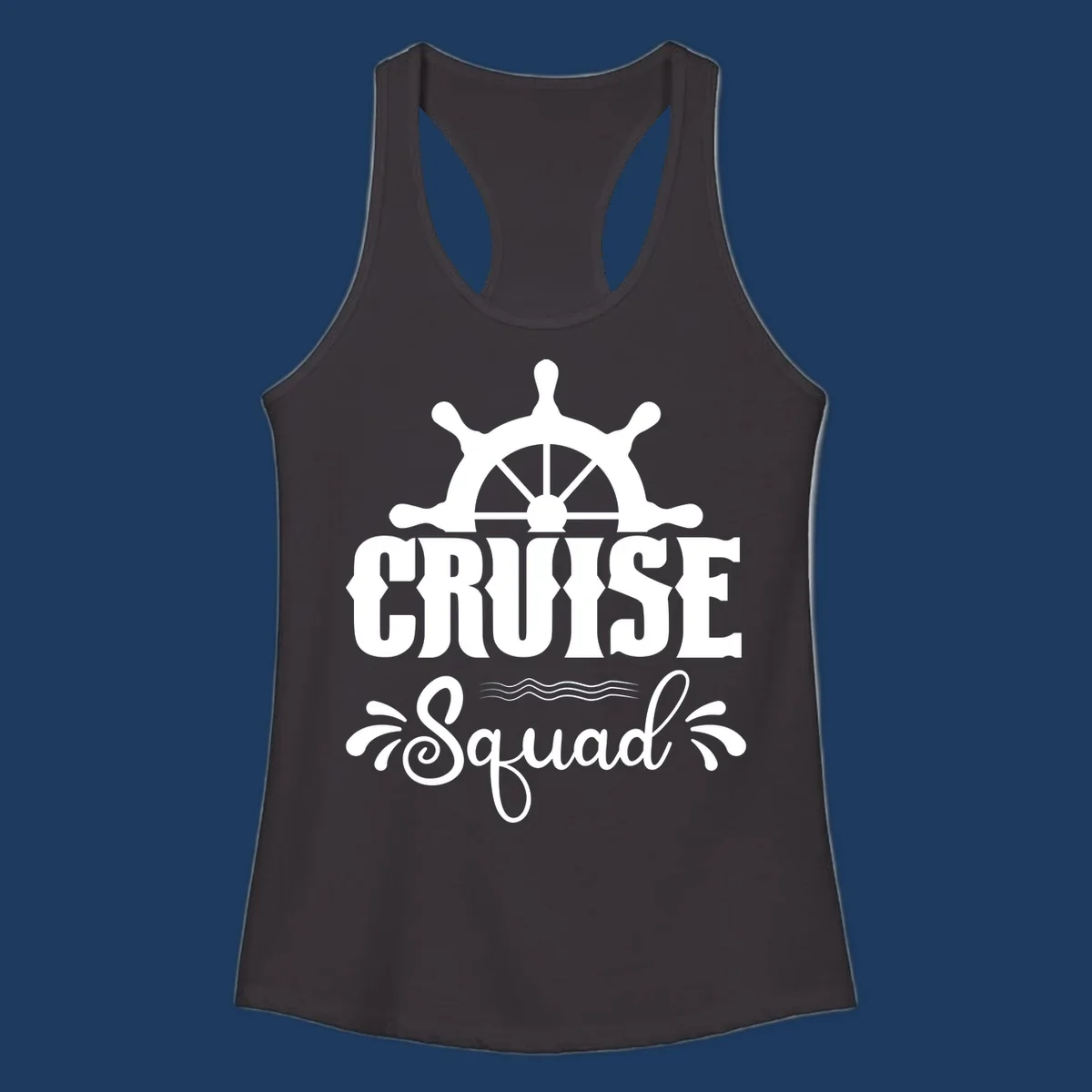 White nautical ship wheel with 'CRUISE SQUAD' text and ocean wave decorative elements on gray background