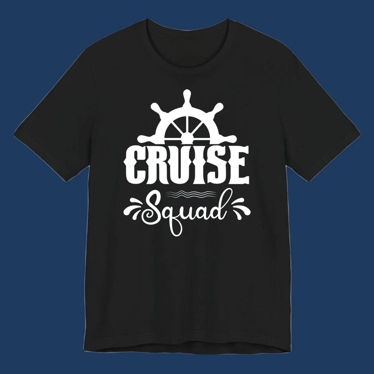 White nautical ship wheel with 'CRUISE SQUAD' text and ocean wave decorative elements on gray background